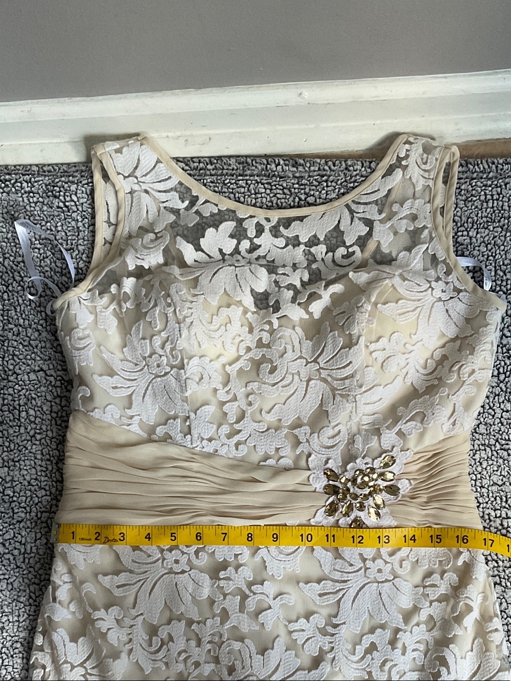 Montage by Mon Cheri Ivory Lace Maxi Dress with Champagne Sash - Picture 11 of 16